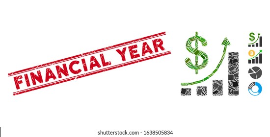 Mosaic sales chart icon and red Financial Year stamp between double parallel lines. Flat vector sales chart mosaic icon of scattered rotated rectangle elements.