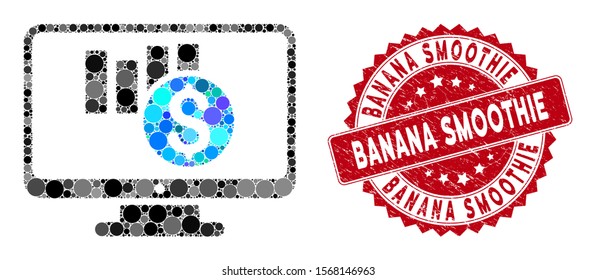 Mosaic sales chart monitoring and grunge stamp seal with Banana Smoothie phrase. Mosaic vector is composed with sales chart monitoring icon and with scattered spheric elements.