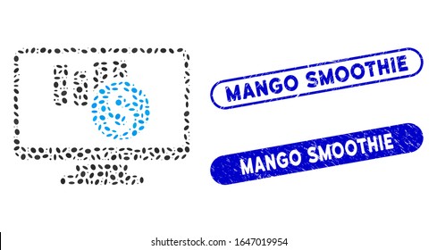 Mosaic sales chart monitoring and rubber stamp seals with Mango Smoothie text. Mosaic vector sales chart monitoring is created with randomized elliptic parts.