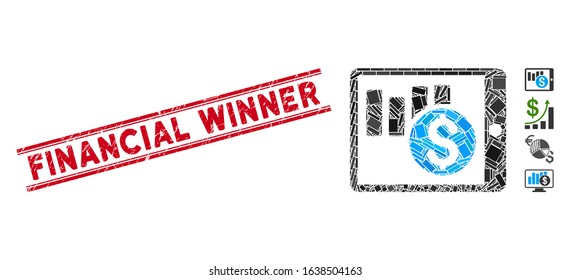 Mosaic sales chart on PDA pictogram and red Financial Winner seal between double parallel lines. Flat vector sales chart on PDA mosaic pictogram of randomized rotated rectangular elements.