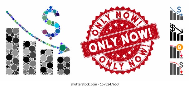 Mosaic sales crisis chart icon and corroded stamp seal with Only Now! caption. Mosaic vector is created with sales crisis chart icon and with randomized circle elements.