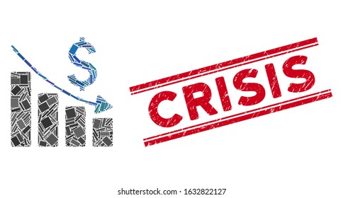 Mosaic sales crisis chart pictogram and red Crisis rubber print between double parallel lines. Flat vector sales crisis chart mosaic pictogram of randomized rotated rectangular elements.