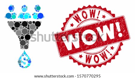 Mosaic sales funnel and corroded stamp watermark with Wow! text. Mosaic vector is created with sales funnel icon and with scattered round items. Wow! stamp seal uses red color, and distress texture.