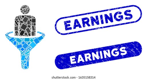 Mosaic sales funnel and grunge stamp seals with Earnings caption. Mosaic vector sales funnel is formed with randomized rectangle items. Earnings stamp seals use blue color,