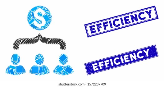 Mosaic sales funnel pictogram and rectangular Efficiency watermarks. Flat vector sales funnel mosaic pictogram of random rotated rectangular elements. Blue Efficiency stamps with distress texture.