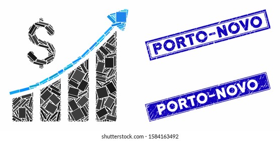 Mosaic sales growth bar chart icon and rectangular Porto-Novo seal stamps. Flat vector sales growth bar chart mosaic icon of random rotated rectangular items.