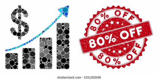 Mosaic sales growth and distressed stamp seal with 80% Off phrase. Mosaic vector is formed with sales growth icon and with random spheric items. 80% Off stamp seal uses red color, and rubber design.