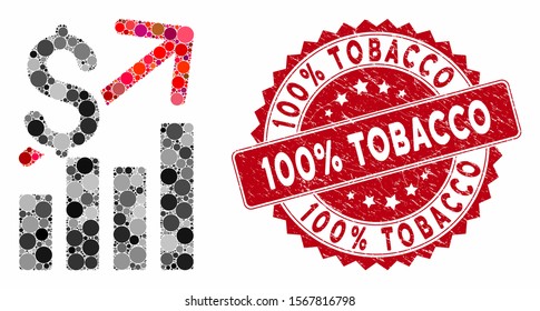 Mosaic sales growth and grunge stamp seal with 100% Tobacco phrase. Mosaic vector is designed with sales growth icon and with scattered round spots. 100% Tobacco seal uses red color,