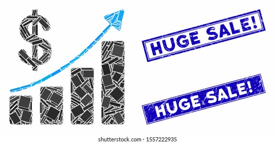 Mosaic sales growth icon and rectangular watermarks. Flat vector sales growth mosaic icon of random rotated rectangle items. Blue caption watermarks with distress surface.