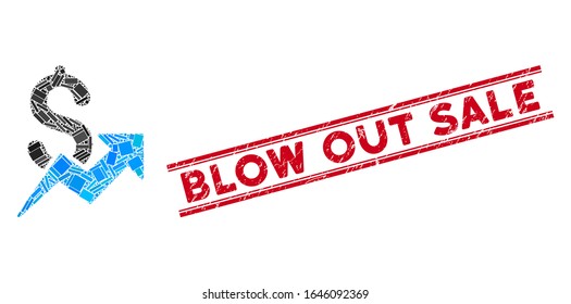 Mosaic sales growth icon and red Blow out Sale seal stamp between double parallel lines. Flat vector sales growth mosaic icon of randomized rotated rectangle elements.