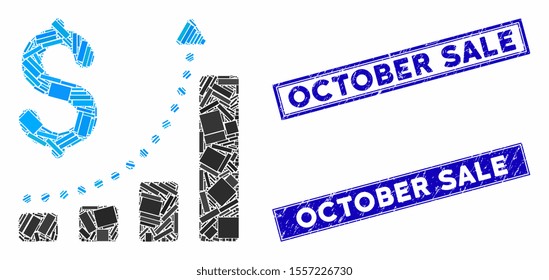 Mosaic sales growth pictogram and rectangle rubber prints. Flat vector sales growth mosaic pictogram of randomized rotated rectangle elements. Blue caption stamps with rubber textures.