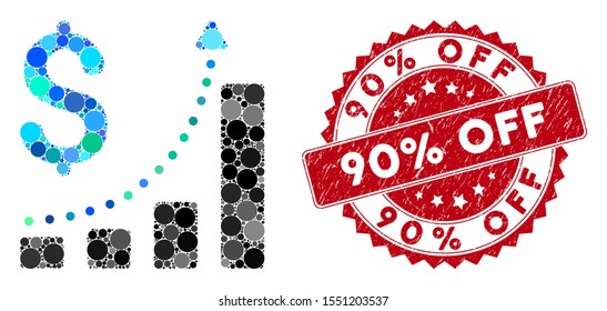 Mosaic sales growth and rubber stamp seal with 90% Off phrase. Mosaic vector is created with sales growth icon and with randomized circle elements. 90% Off stamp seal uses red color,