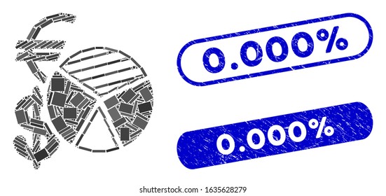 Mosaic sales pie chart and corroded stamp seals with 0.000% phrase. Mosaic vector sales pie chart is composed with scattered rectangles. 0.000% stamp seals use blue color,