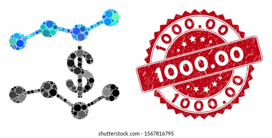 Mosaic sales trends and distressed stamp seal with 1000.00 caption. Mosaic vector is formed with sales trends icon and with scattered spheric items. 1000.00 stamp seal uses red color,