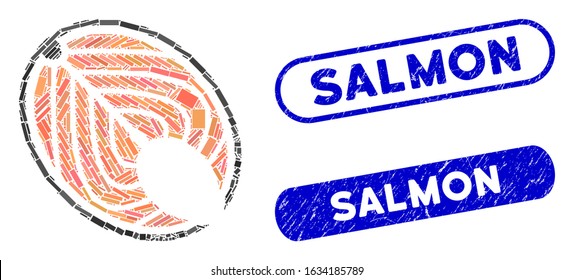 Mosaic salmon fish slice and distressed stamp seals with Salmon text. Mosaic vector salmon fish slice is created with randomized rectangle items. Salmon stamp seals use blue color,