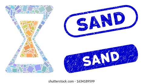 Mosaic sand clock and distressed stamp watermarks with Sand caption. Mosaic vector sand clock is composed with random rectangle items. Sand stamp seals use blue color, and have round rectangle shape.