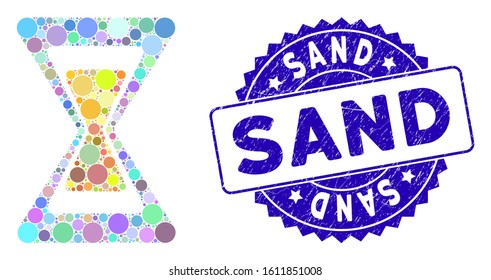 Mosaic sand clock icon and rubber stamp seal with Sand phrase. Mosaic vector is designed with sand clock icon and with scattered circle items. Sand stamp seal uses blue color, and grunged design.