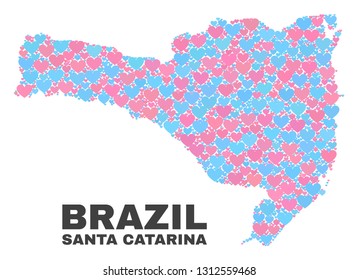 Mosaic Santa Catarina State map of valentine hearts in pink and blue colors isolated on a white background. Lovely heart collage in shape of Santa Catarina State map.