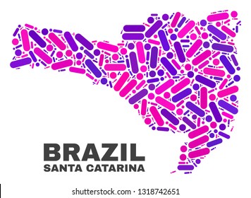 Mosaic Santa Catarina State map isolated on a white background. Vector geographic abstraction in pink and violet colors. Mosaic of Santa Catarina State map combined of random circle dots and lines.