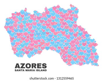 Mosaic Santa Maria Island map of valentine hearts in pink and blue colors isolated on a white background. Lovely heart collage in shape of Santa Maria Island map.