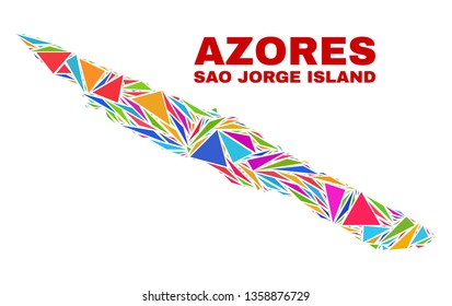 Mosaic Sao Jorge Island map of triangles in bright colors isolated on a white background. Triangular collage in shape of Sao Jorge Island map. Abstract design for patriotic decoration.