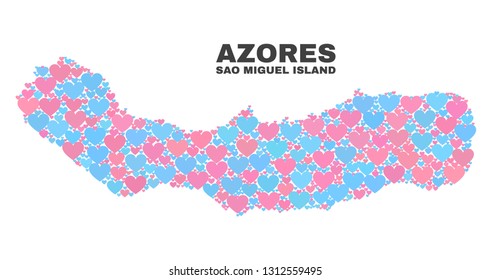 Mosaic Sao Miguel Island map of valentine hearts in pink and blue colors isolated on a white background. Lovely heart collage in shape of Sao Miguel Island map.