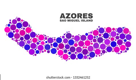 Mosaic Sao Miguel Island map isolated on a white background. Vector geographic abstraction in pink and violet colors. Mosaic of Sao Miguel Island map designed from scattered round items.