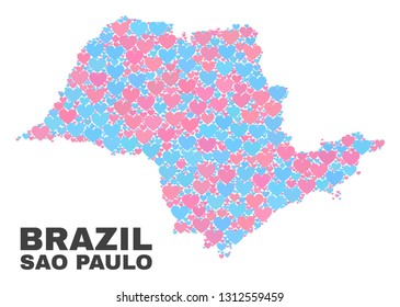 Mosaic Sao Paulo State map of lovely hearts in pink and blue colors isolated on a white background. Lovely heart collage in shape of Sao Paulo State map. Abstract design for Valentine decoration.