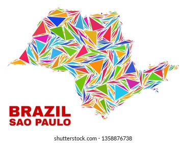 Mosaic Sao Paulo State map of triangles in bright colors isolated on a white background. Triangular collage in shape of Sao Paulo State map. Abstract design for patriotic purposes.