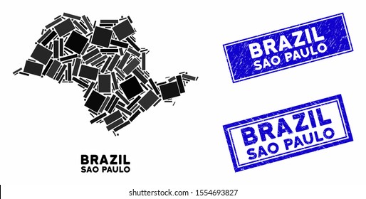 Mosaic Sao Paulo State map and rectangular seals. Flat vector Sao Paulo State map mosaic of scattered rotated rectangular elements. Blue caption seals with scratched textures.