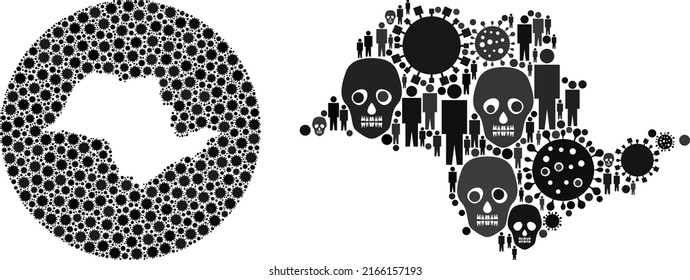 Mosaic Sao Paulo State map organized from coronavirus icons and people and death icons. Sick virus Sao Paulo State map mosaic designed with circle and stencil.