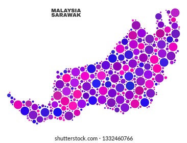 Mosaic Sarawak State map isolated on a white background. Vector geographic abstraction in pink and violet colors. Mosaic of Sarawak State map combined of scattered circle points.