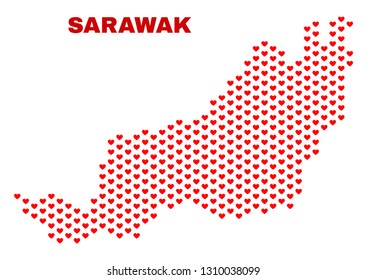 Mosaic Sarawak State map of love hearts in red color isolated on a white background. Regular red heart pattern in shape of Sarawak State map. Abstract design for Valentine decoration.