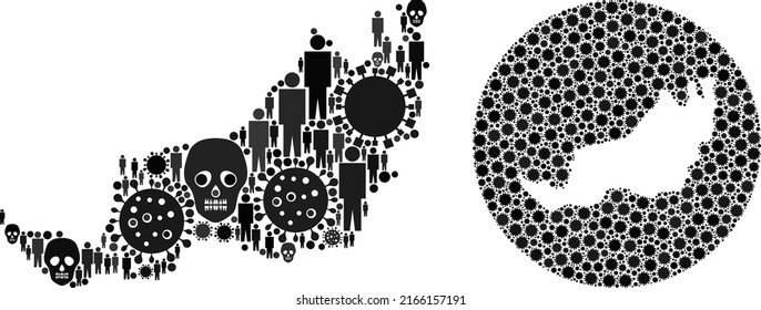 Mosaic Sarawak State map organized from covid virus icons and men and skeleton icons. Pandemic virus Sarawak State map mosaic formed with circle and hole. Mosaics designed for clinic doctrines.