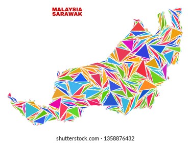 Mosaic Sarawak State map of triangles in bright colors isolated on a white background. Triangular collage in shape of Sarawak State map. Abstract design for patriotic illustrations.