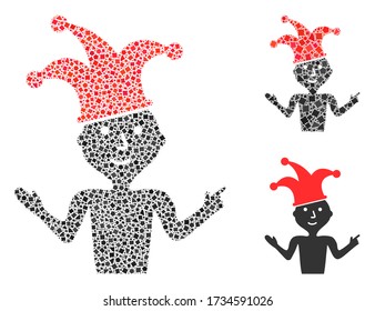 Mosaic Sarcasm icon constructed from bumpy elements in variable sizes, positions and proportions. Vector raggy dots are united into abstract mosaic sarcasm icon.