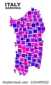Mosaic Sardinia map isolated on a white background. Vector geographic abstraction in pink and violet colors. Mosaic of Sardinia map combined of random square elements.