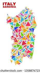 Mosaic Sardinia map of triangles in bright colors isolated on a white background. Triangular collage in shape of Sardinia map. Abstract design for patriotic purposes.