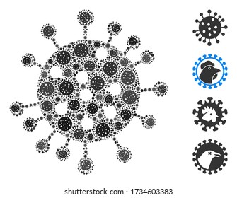 Mosaic SARS virus constructed from SARS virus icons in random sizes and color hues. Vector viral parts are composed into abstract mosaic SARS virus icon. Some bonus icons are added.