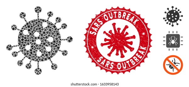 Mosaic SARS virus icon and red round rubber stamp seal with Sars Outbreak text and coronavirus symbol. Mosaic vector is formed with SARS virus pictogram and with scatteredjoggly elements.