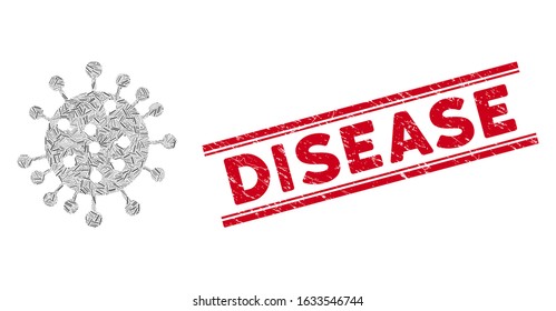 Mosaic SARS virus pictogram and red Disease stamp between double parallel lines. Flat vector SARS virus mosaic pictogram of randomized rotated line elements.