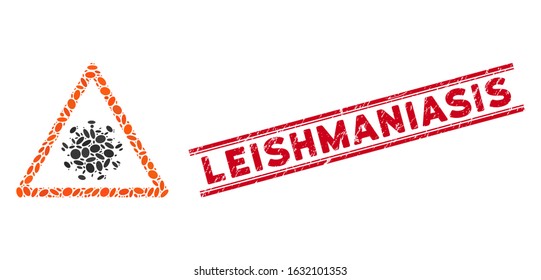 Mosaic SARS virus warning icon and distressed stamp seal with red Leishmaniasis phrase between double parallel lines.