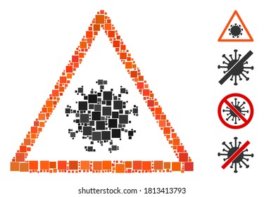 Mosaic SARS virus warning icon united from square items in various sizes and color hues. Vector square items are grouped into abstract illustration SARS virus warning icon. Bonus pictograms are added.
