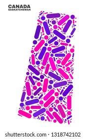 Mosaic Saskatchewan Province map isolated on a white background. Vector geographic abstraction in pink and violet colors.