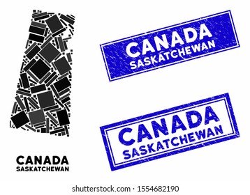 Mosaic Saskatchewan Province map and rectangle seal stamps. Flat vector Saskatchewan Province map mosaic of random rotated rectangle elements. Blue caption seal stamps with grunged textures.