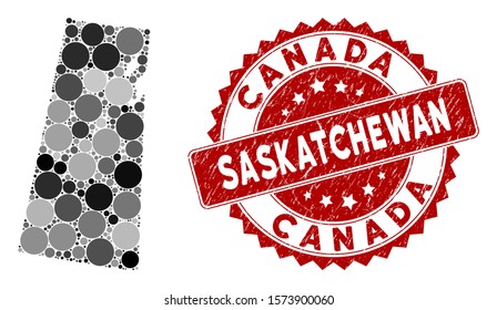 Mosaic Saskatchewan Province map and round seal. Flat vector Saskatchewan Province map mosaic of randomized round elements. Red rubber stamp with grunge texture.