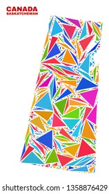 Mosaic Saskatchewan Province map of triangles in bright colors isolated on a white background. Triangular collage in shape of Saskatchewan Province map. Abstract design for patriotic purposes.