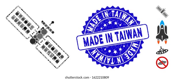 Mosaic satellite icon and grunge stamp seal with Made in Taiwan text. Mosaic vector is composed with satellite icon and with scattered round spots. Made in Taiwan seal uses blue color,