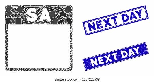 Mosaic Saturday calendar page icon and rectangular stamps. Flat vector Saturday calendar page mosaic icon of randomized rotated rectangular items. Blue caption rubber stamps with grunged textures.