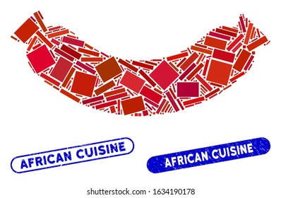 Mosaic sausage and corroded stamp watermarks with African Cuisine caption. Mosaic vector sausage is formed with random rectangle items. African Cuisine stamp seals use blue color,